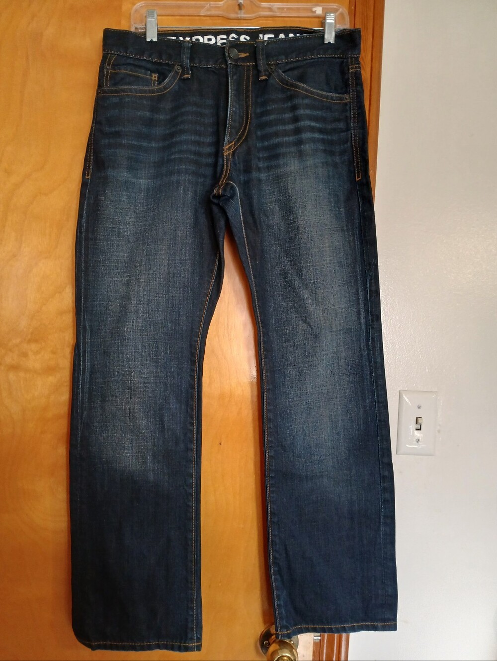 Express Men's Straight Jeans in Dark Blue with Contrast Stitching